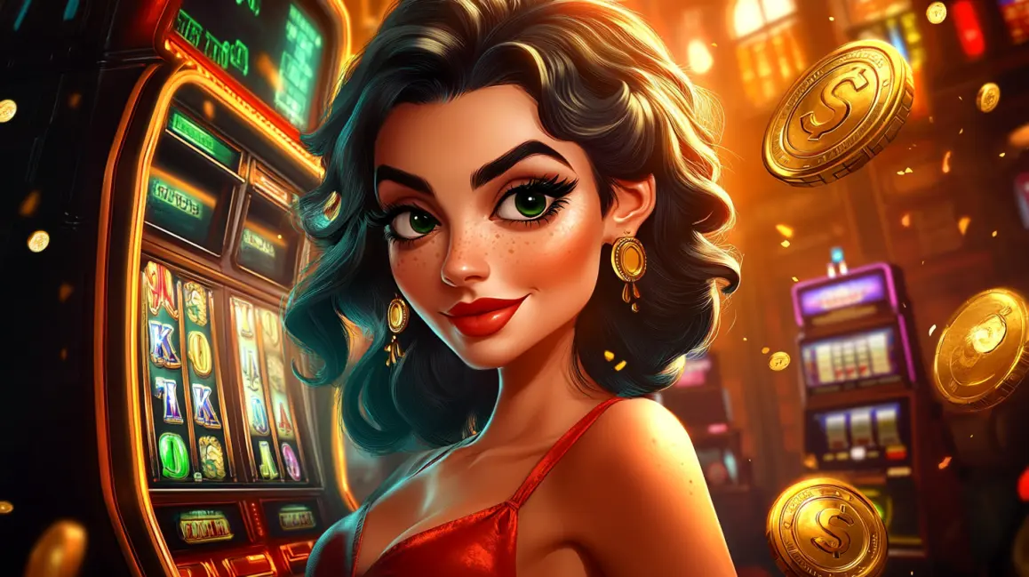 Experience the Magic of Winning at Q789. A beautiful woman with glowing red hair is surrounded by a shower of gold coins in the vibrant Q789 casino, where magical wins and exciting jackpots are always possible.