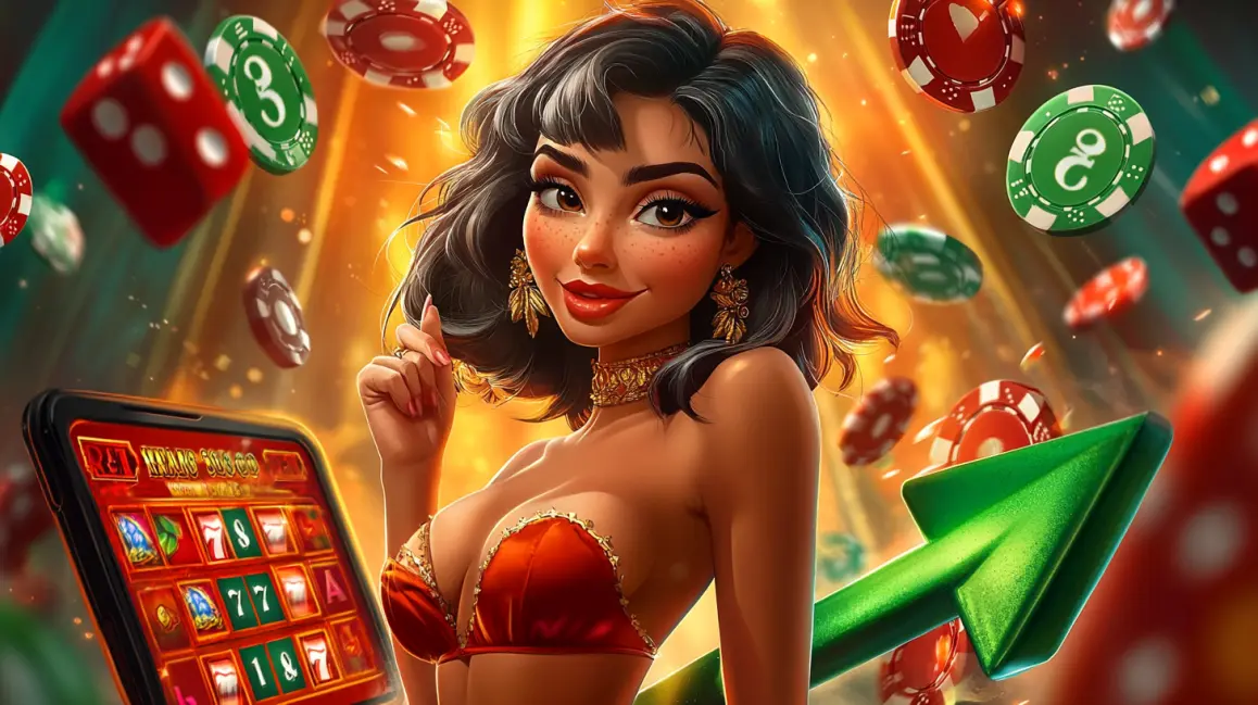 Discover a Universe of Sweet Wins at Q789. A woman holds a phone showing a candy-themed slot game, surrounded by a cosmic swirl of sweets, inviting you to a universe of delicious wins at Q789.