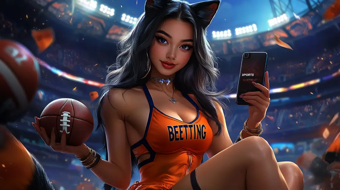 Place Your Winning Bets with the Q789 App. A trendy woman with cat ears and a 'BETTING' t-shirt uses her phone in a stadium, ready to place her bets and win big on her favorite teams with the Q789 app.