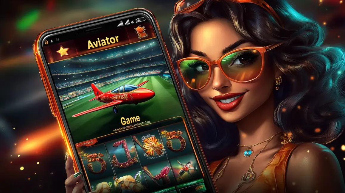Classic Fun, Modern Thrills with Aviator at Q789. A woman in a pink dress holds a phone showing the 'Aviator Game', with a 777 slot machine nearby, blending classic casino fun with modern crash game excitement at Q789.