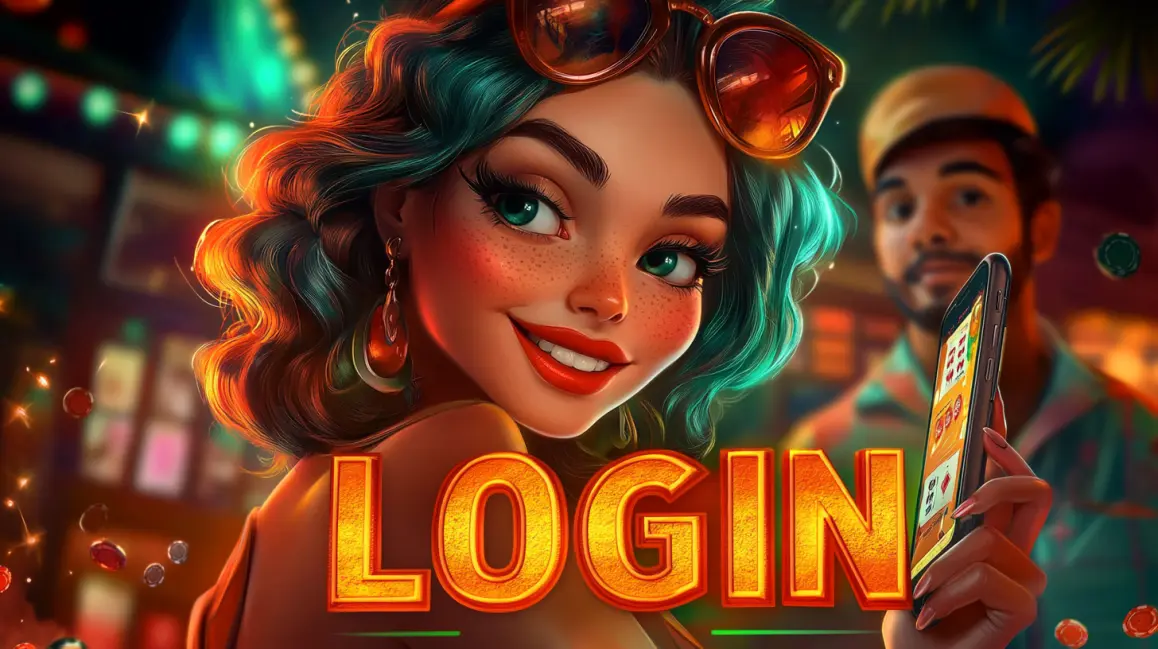 Log In to Your Tropical Getaway at Q789. A stylish woman with blue hair and sunglasses holds a phone with a 'LOGIN' button, inviting you to sign in to your Q789 account for a fun and rewarding tropical gaming session.