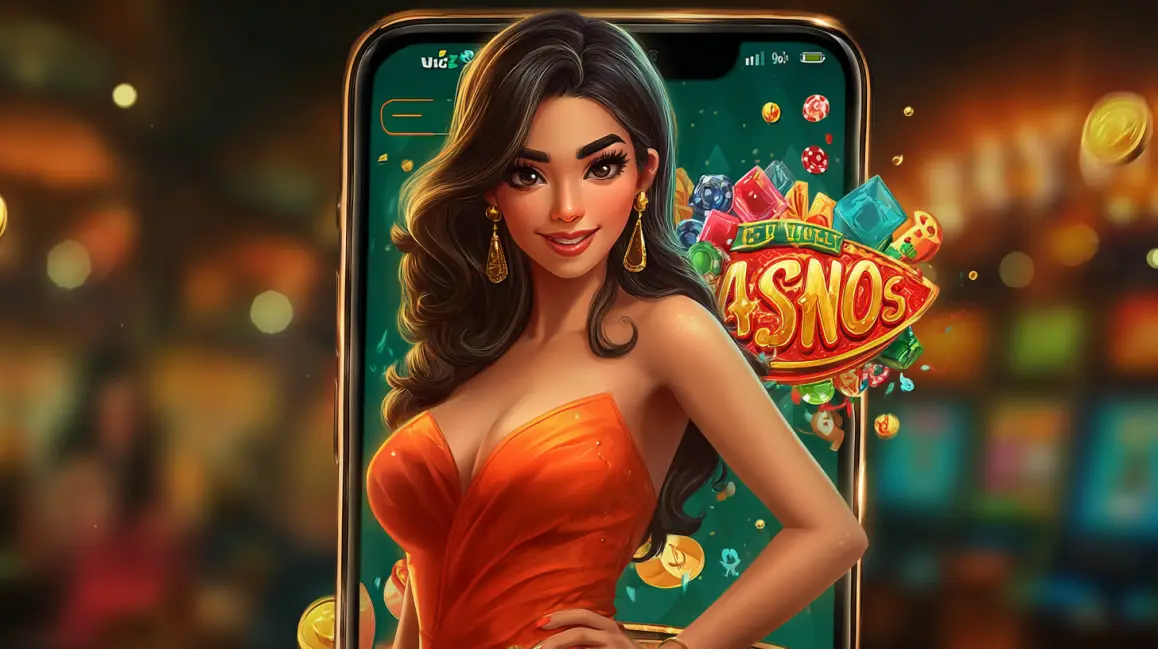 Login to the Fun World of Q789 Casino. An animated woman is framed by a phone screen showing a 'LOGIN CASINO' sign, inviting you to sign in to the fun and vibrant world of Q789 online casino games.