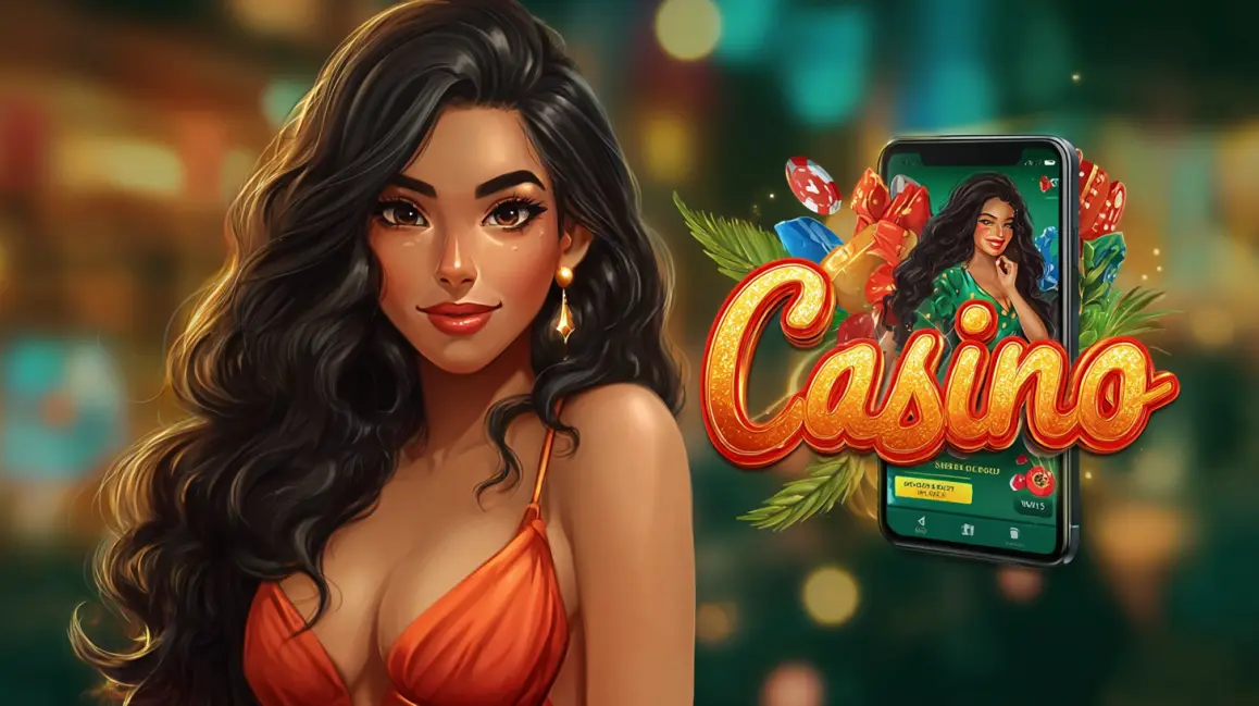 Download the Q789 App for a Vibrant Experience. A stylish woman holds a phone with a fun slot game, with the word 'APP' in large letters, inviting you to download the Q789 app for a vibrant gaming experience.